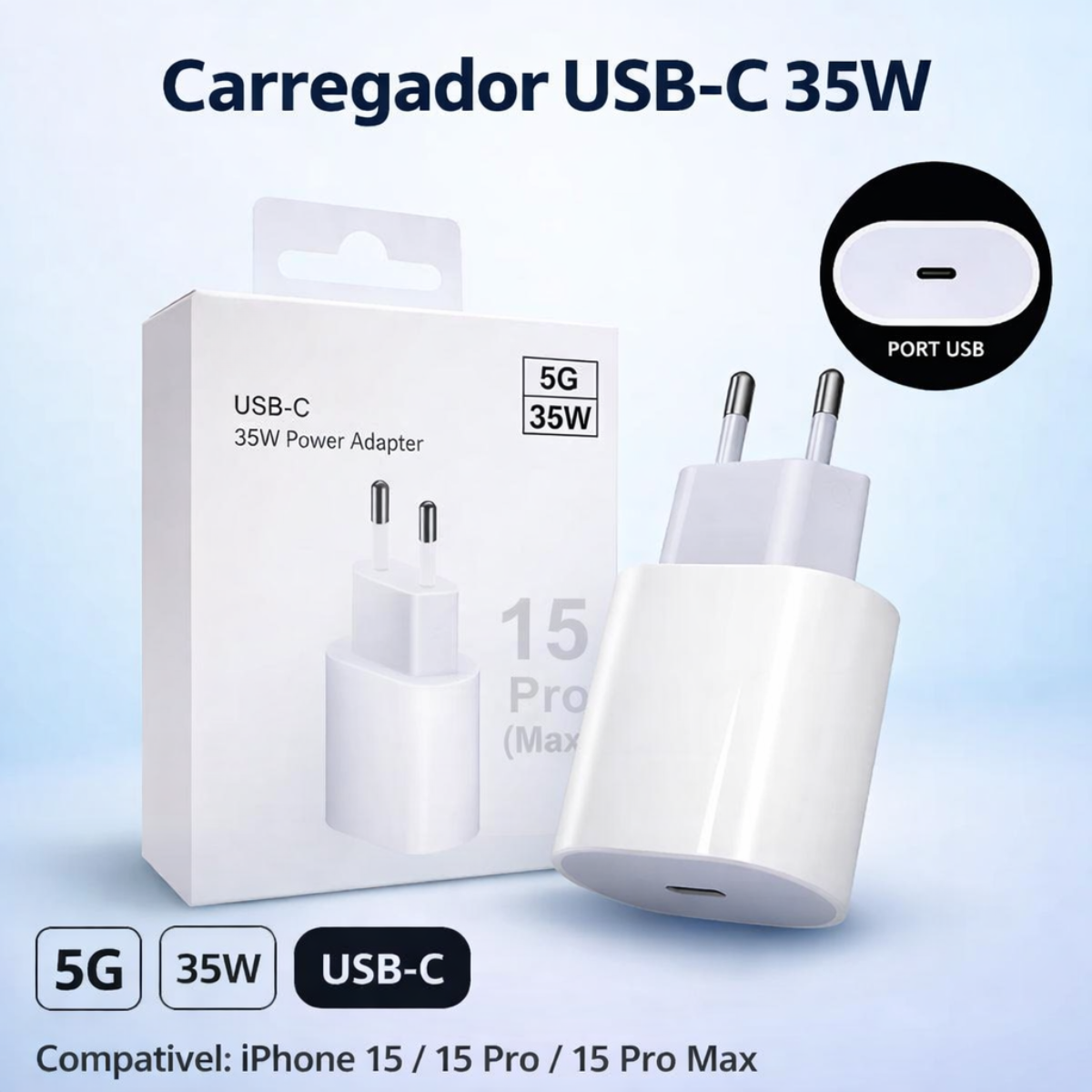 Atacado | Fonte Carregador USB-C 35W Turbo Fast Charge para iPhone e Android